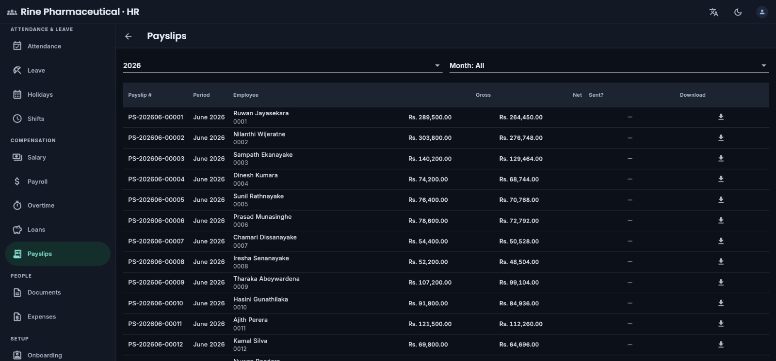 Opernexa payslip for a single employee showing earnings, deductions, EPF and ETF lines and net pay