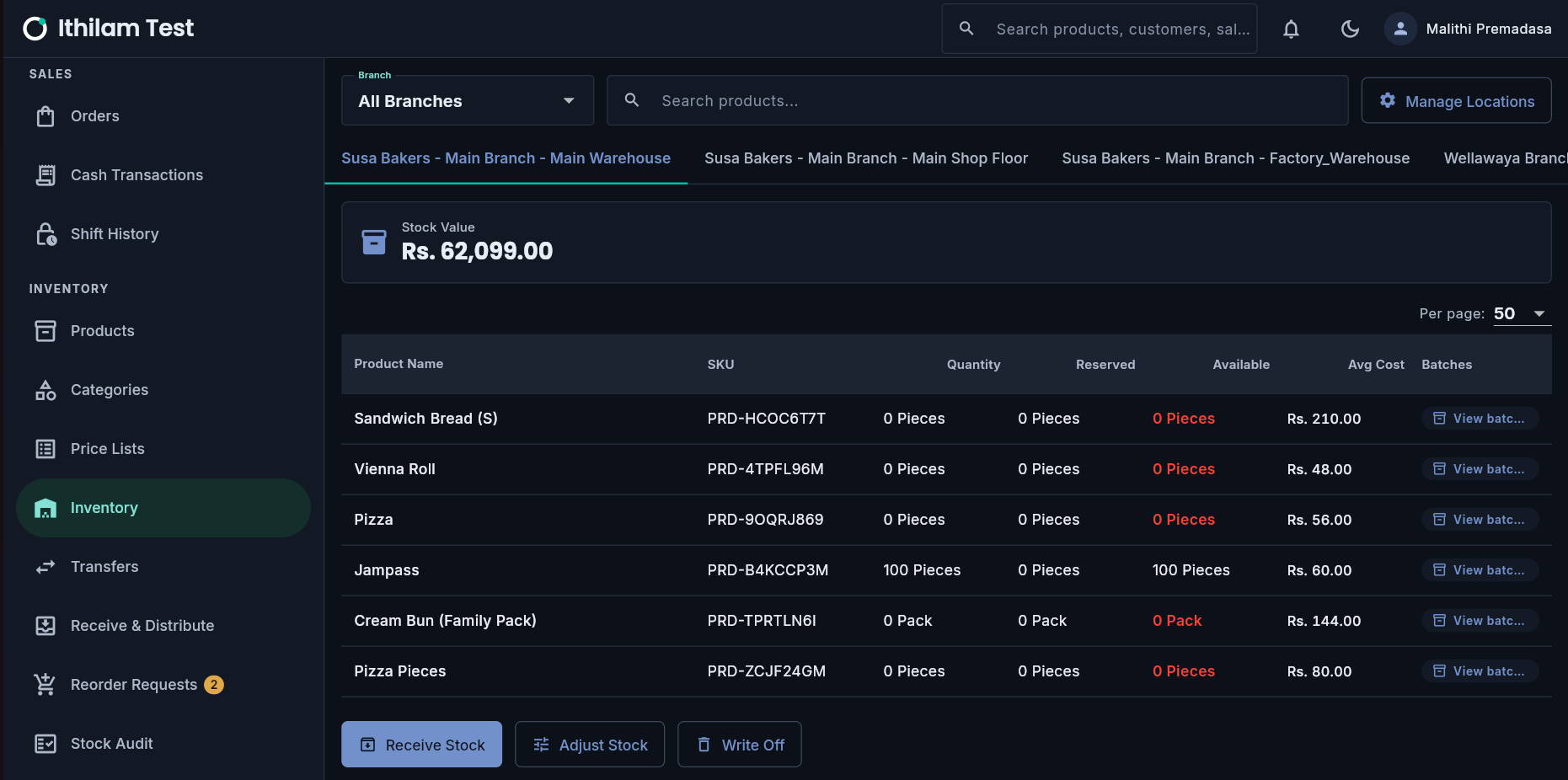 Opernexa stock-on-hand grid listing items down the page and branches across, with below-reorder rows highlighted