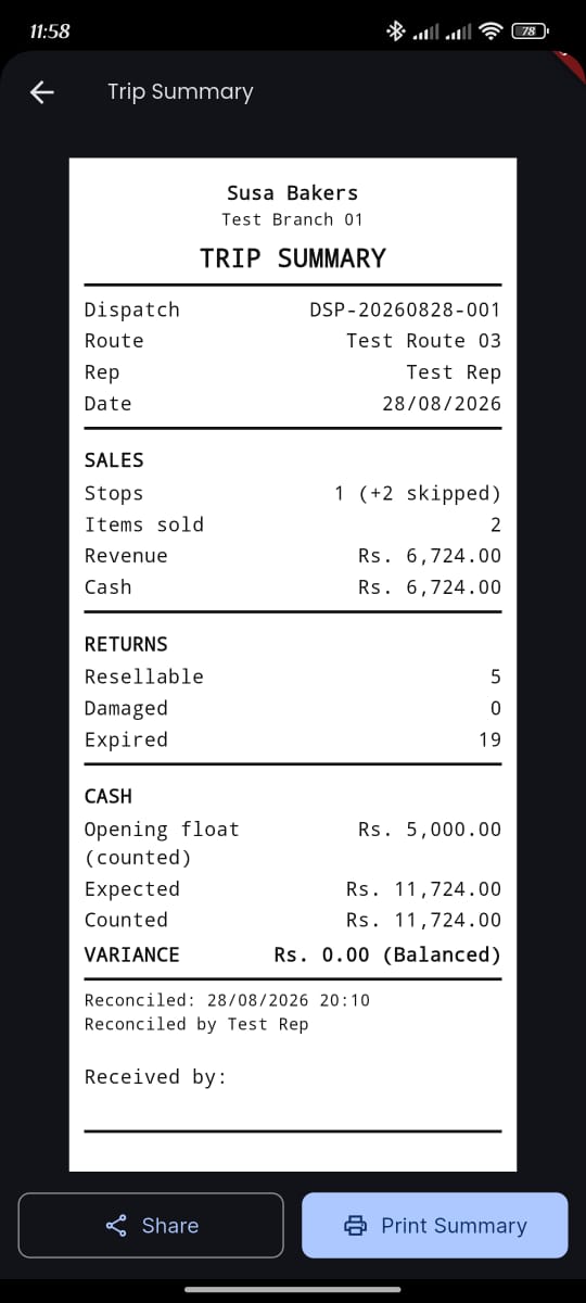Opernexa van reconciliation screen comparing loaded, sold, returned and damaged quantities with cash expected against cash collected