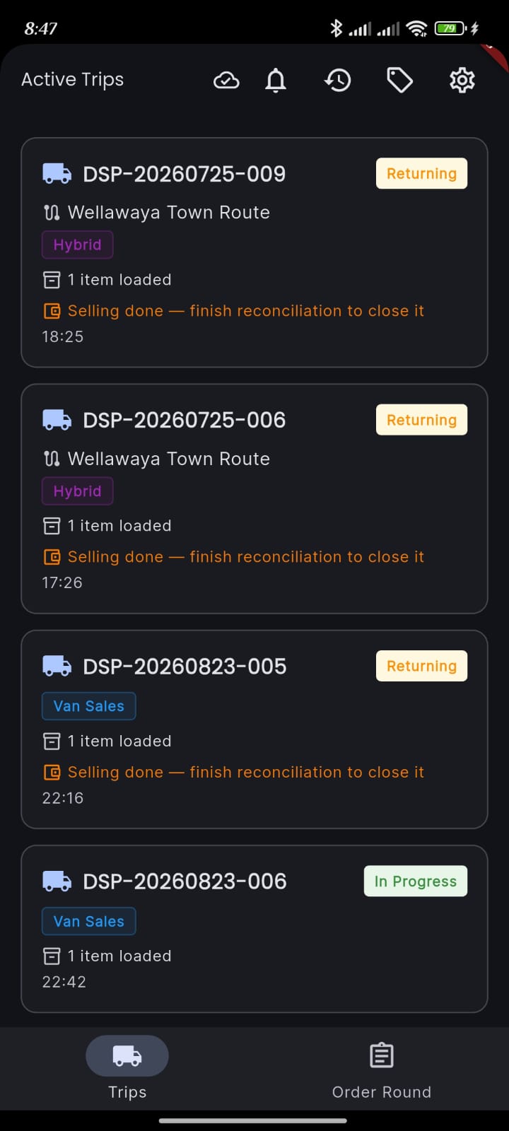 Opernexa route plan listing a rep’s outlets for the day in sequence with visit status against each